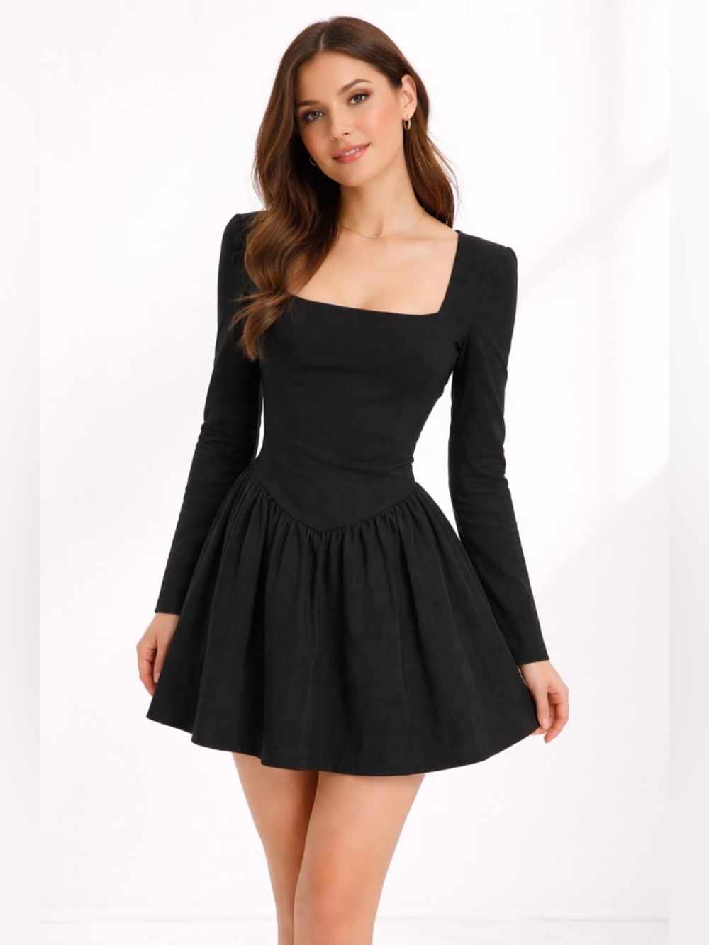 NWT Zara Black Square-Neck Long-Sleeve Mini Dress
